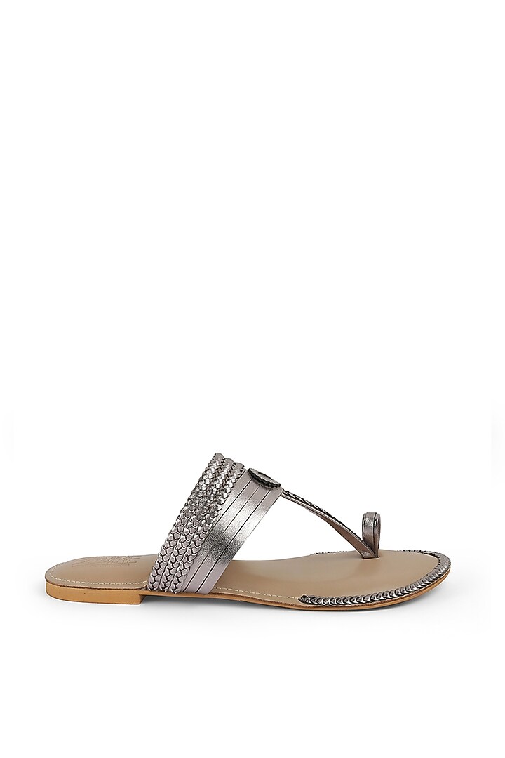 Pewter Faux Leather Crystal Embroidered Flats by Stoffa Bride at Pernia's Pop Up Shop