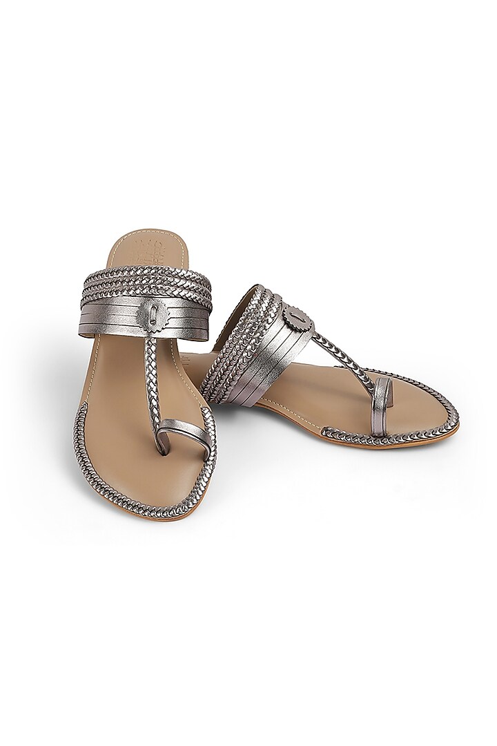 Pewter Faux Leather Crystal Embroidered Flats by Stoffa Bride at Pernia's Pop Up Shop