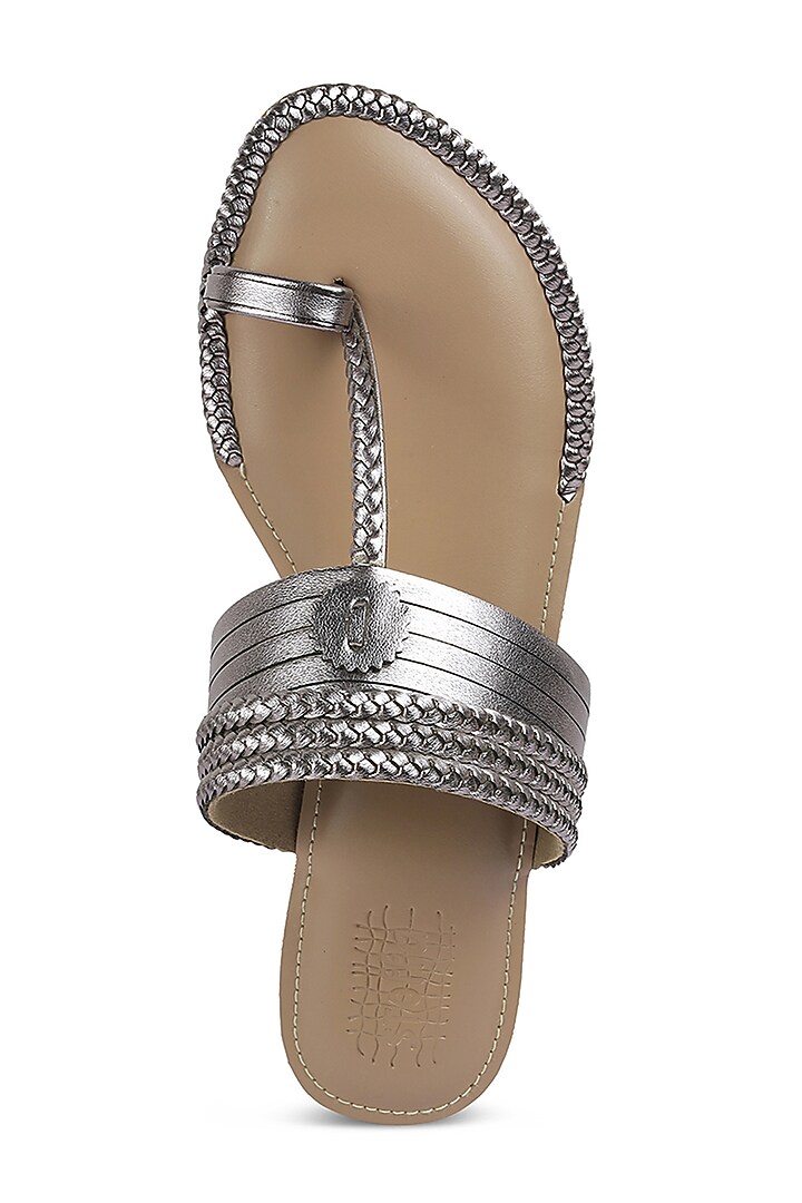 Pewter Faux Leather Crystal Embroidered Flats by Stoffa Bride at Pernia's Pop Up Shop