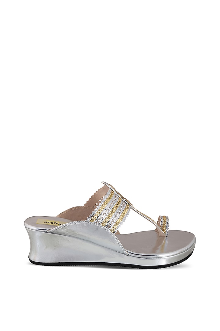 Silver Faux Leather Crystal Embroidered Wedges by Stoffa Bride at Pernia's Pop Up Shop