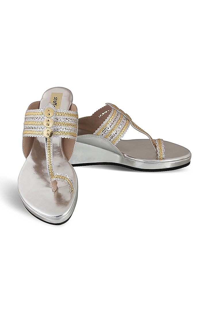 Silver Faux Leather Crystal Embroidered Wedges by Stoffa Bride at Pernia's Pop Up Shop