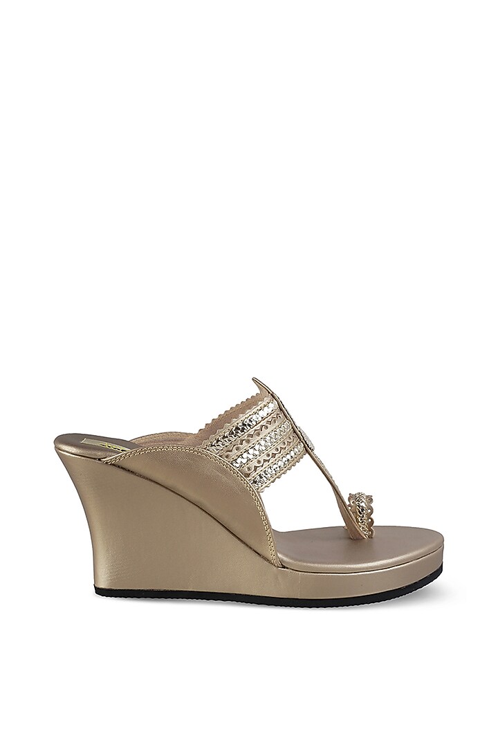 Champagne Faux Leather Crystal Embroidered Wedges by Stoffa Bride at Pernia's Pop Up Shop