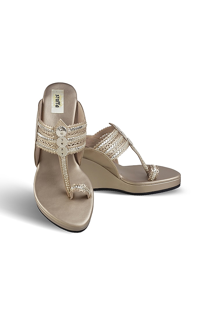 Champagne Faux Leather Crystal Embroidered Wedges by Stoffa Bride at Pernia's Pop Up Shop