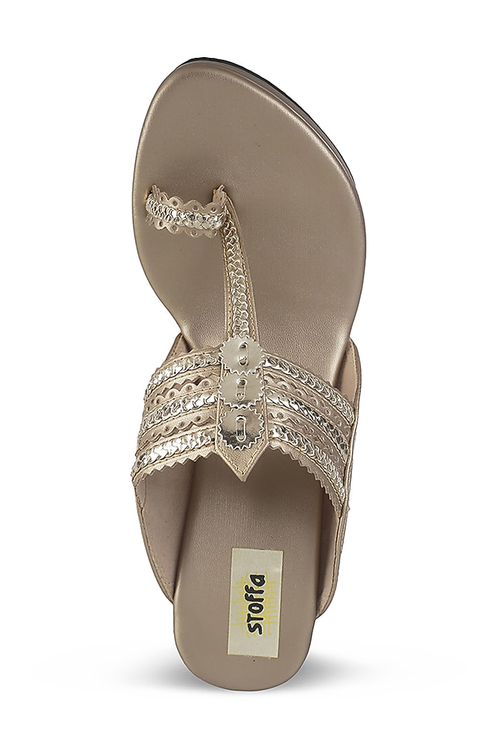 Champagne Faux Leather Crystal Embroidered Wedges by Stoffa Bride at Pernia's Pop Up Shop