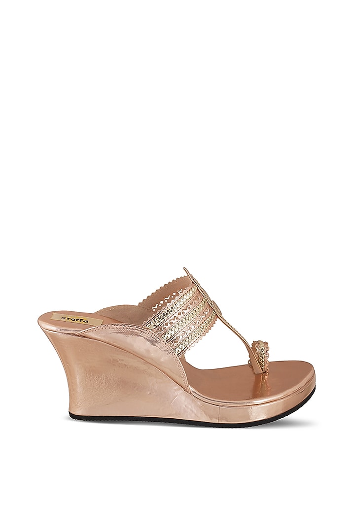 Rose Gold Faux Leather Crystal Embroidered Wedges by Stoffa Bride at Pernia's Pop Up Shop