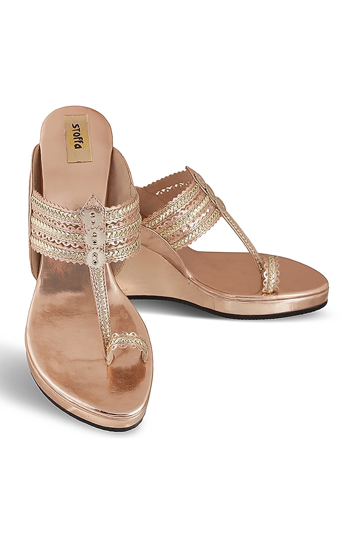 Rose Gold Faux Leather Crystal Embroidered Wedges by Stoffa Bride at Pernia's Pop Up Shop