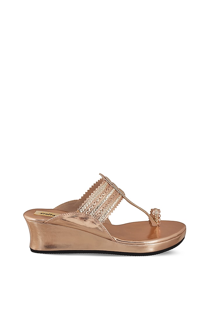 Rose Gold Faux Leather Crystal Embroidered Wedges by Stoffa Bride at Pernia's Pop Up Shop