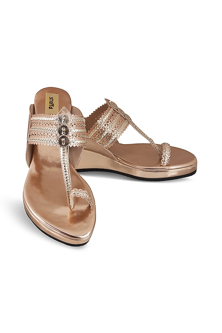 Rose Gold Faux Leather Crystal Embroidered Wedges by Stoffa Bride at Pernia's Pop Up Shop