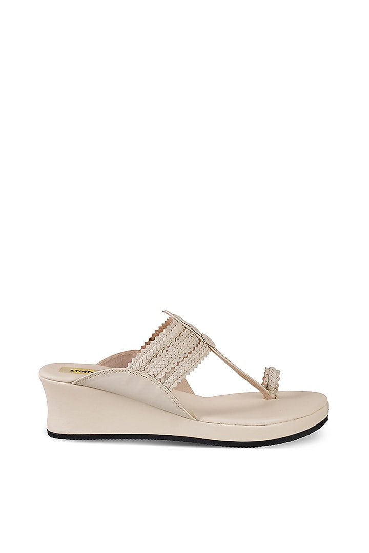 Taupe Faux Leather Crystal Embroidered Wedges by Stoffa Bride at Pernia's Pop Up Shop