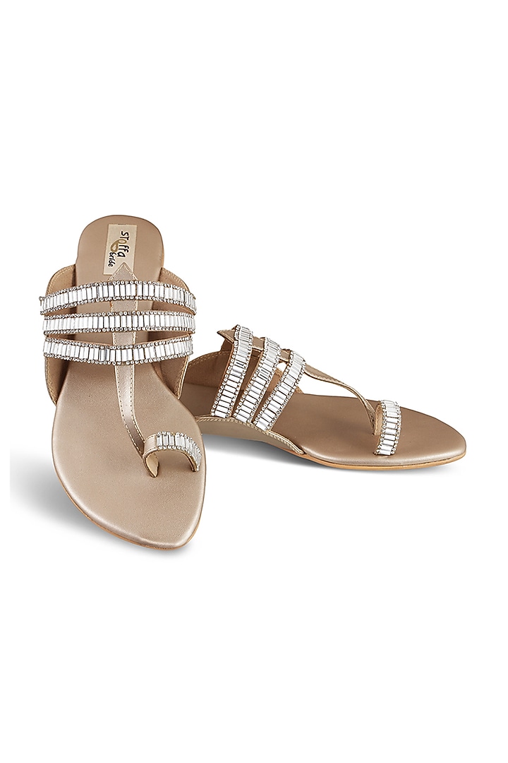 Champagne Faux Leather Crystal Embroidered Flats by Stoffa Bride at Pernia's Pop Up Shop