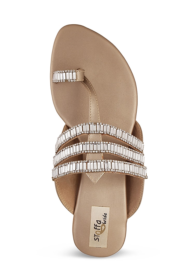 Champagne Faux Leather Crystal Embroidered Flats by Stoffa Bride at Pernia's Pop Up Shop