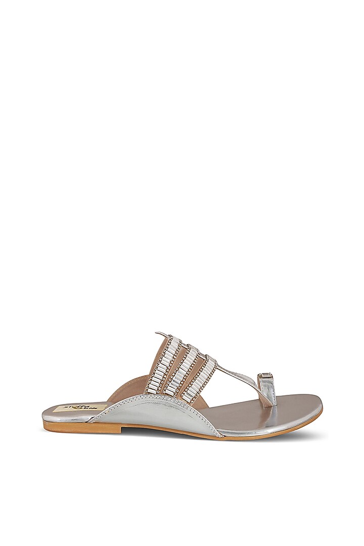 Silver Faux Leather Crystal Embroidered Flats by Stoffa Bride at Pernia's Pop Up Shop