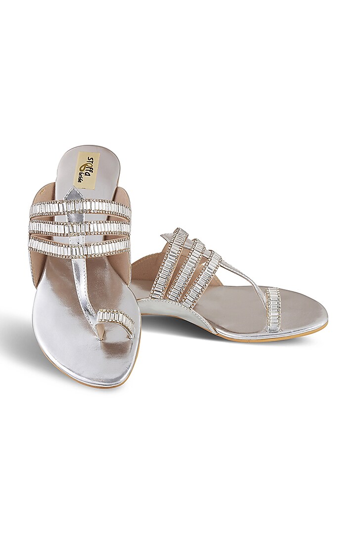 Silver Faux Leather Crystal Embroidered Flats by Stoffa Bride at Pernia's Pop Up Shop