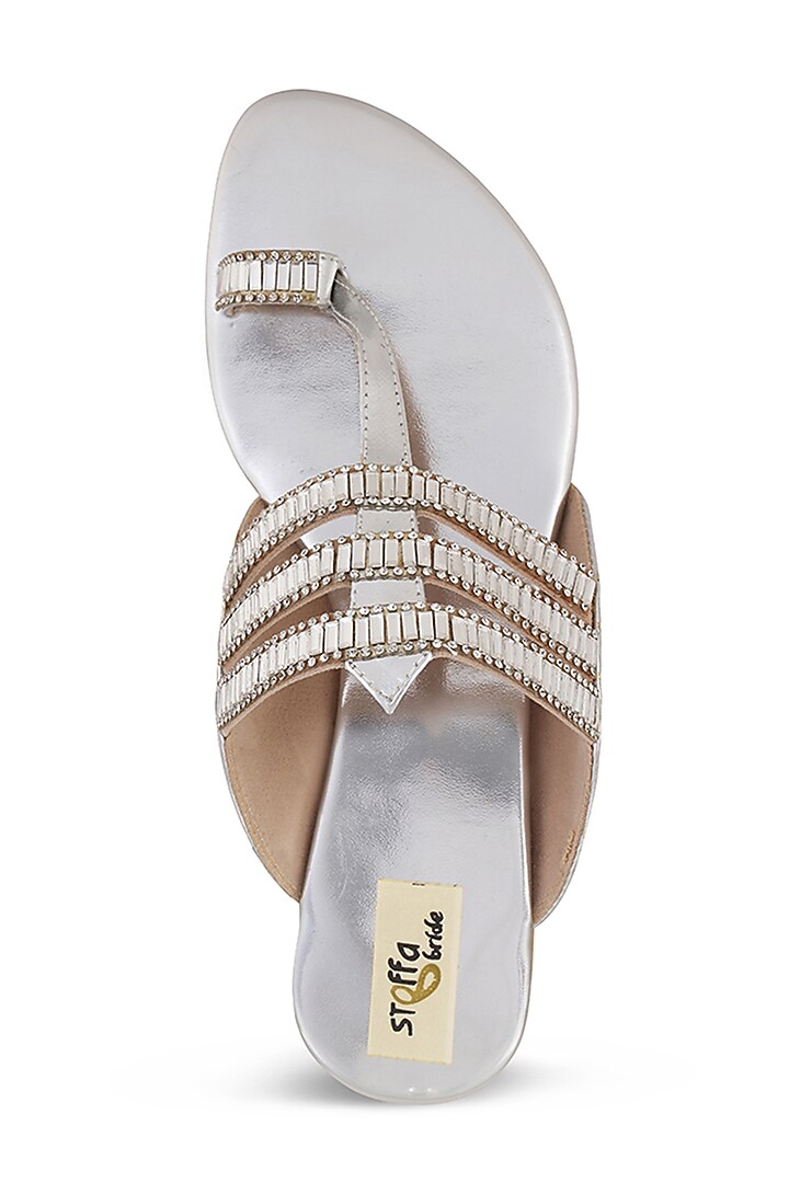 Silver Faux Leather Crystal Embroidered Flats by Stoffa Bride at Pernia's Pop Up Shop