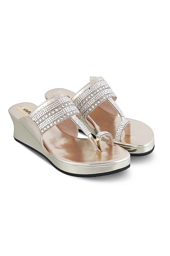 Light Gold Faux Leather Crystal Embroidered Wedges by Stoffa Bride at Pernia's Pop Up Shop