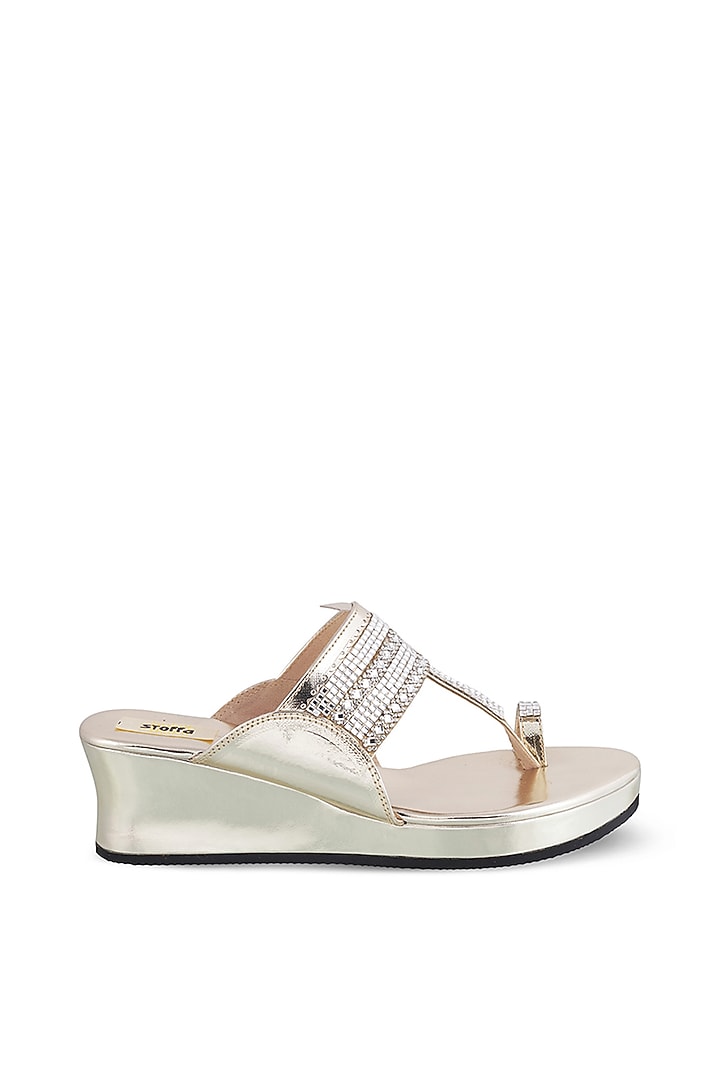 Light Gold Faux Leather Crystal Embroidered Wedges by Stoffa Bride at Pernia's Pop Up Shop