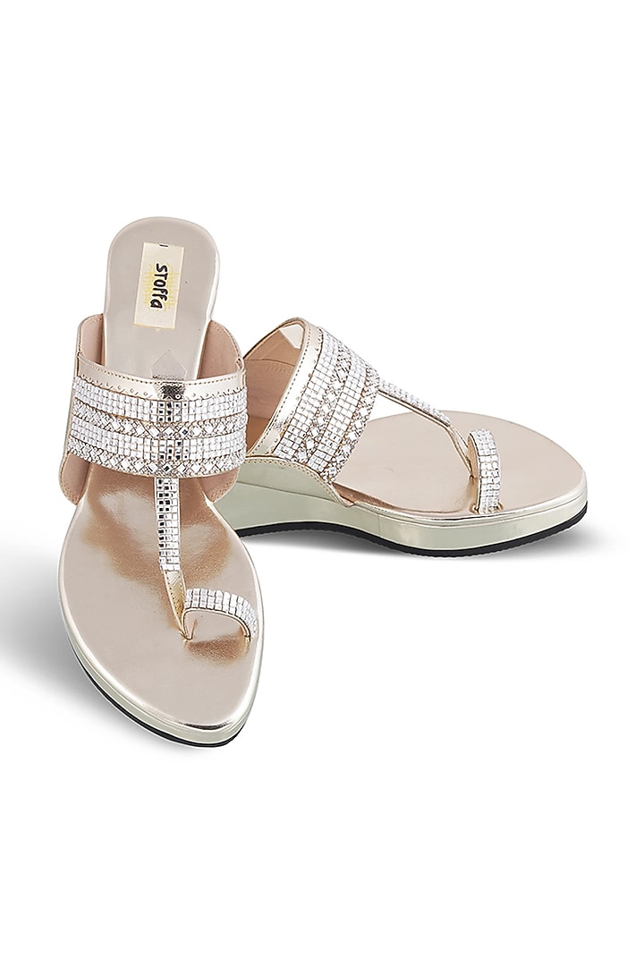 Light Gold Faux Leather Crystal Embroidered Wedges by Stoffa Bride at Pernia's Pop Up Shop