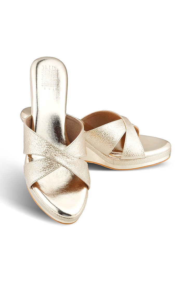 Gold Faux Leather Crystal Embroidered Wedges by Stoffa Bride at Pernia's Pop Up Shop