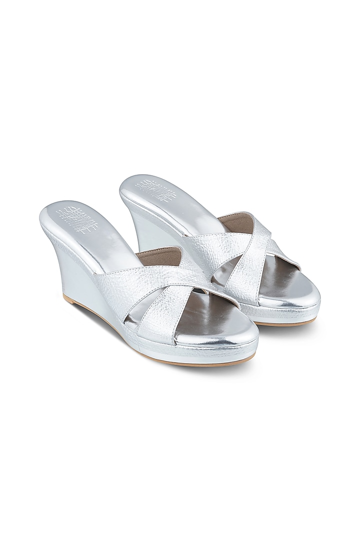 Silver Faux Leather Crystal Embroidered Wedges by Stoffa Bride at Pernia's Pop Up Shop