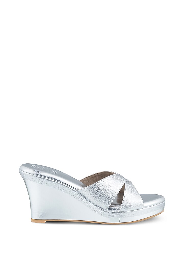 Silver Faux Leather Crystal Embroidered Wedges by Stoffa Bride at Pernia's Pop Up Shop
