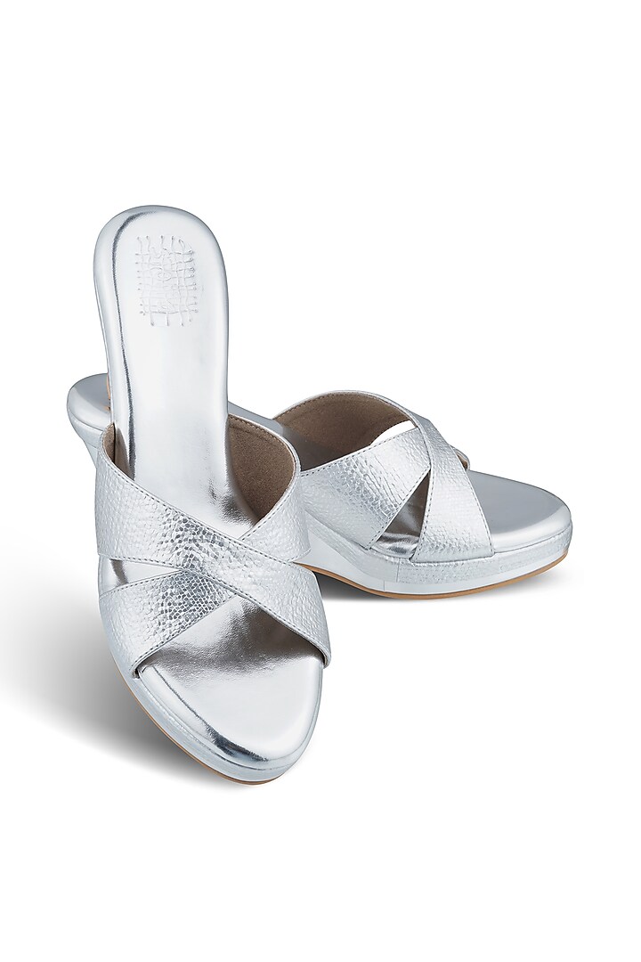 Silver Faux Leather Crystal Embroidered Wedges by Stoffa Bride at Pernia's Pop Up Shop