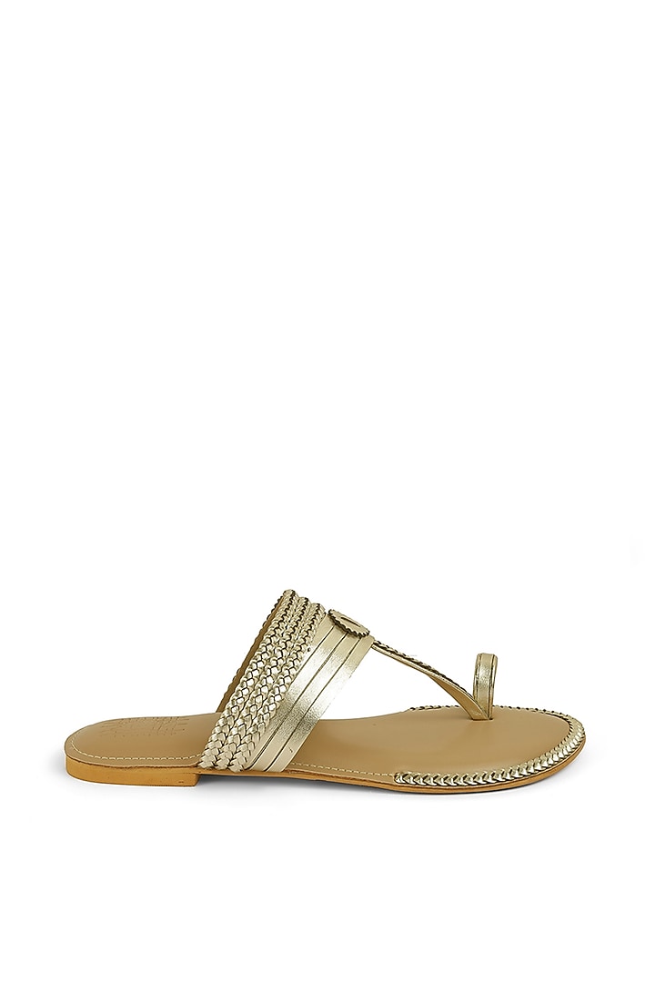 Light Gold Faux Leather Crystal Embroidered Flats by Stoffa Bride at Pernia's Pop Up Shop