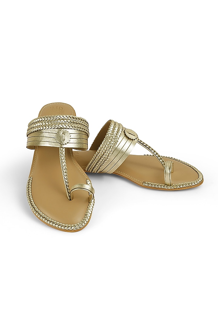 Light Gold Faux Leather Crystal Embroidered Flats by Stoffa Bride at Pernia's Pop Up Shop