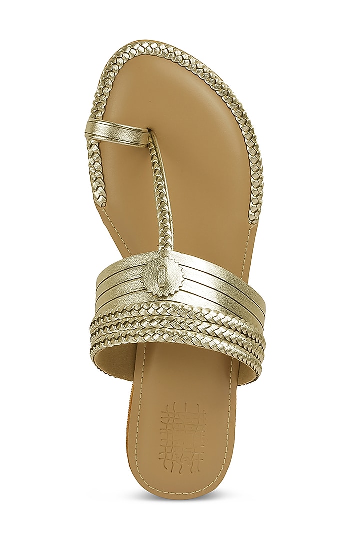 Light Gold Faux Leather Crystal Embroidered Flats by Stoffa Bride at Pernia's Pop Up Shop