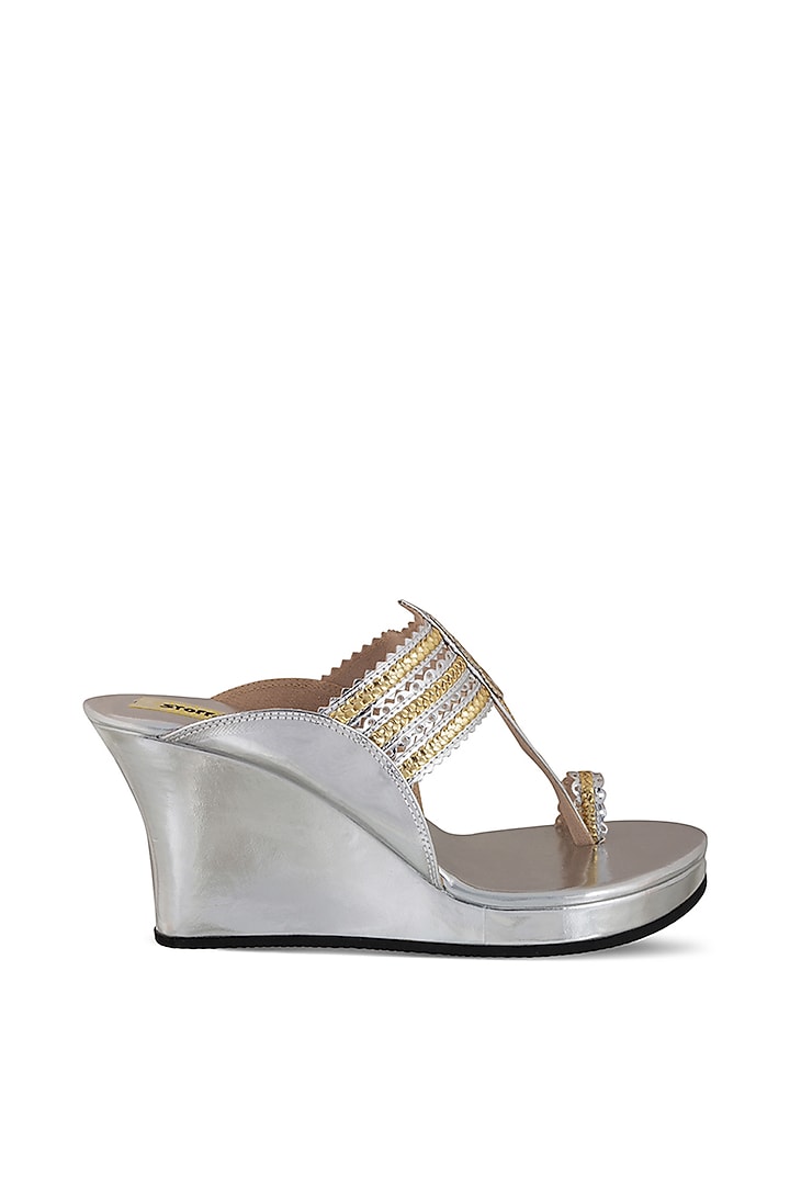Silver Faux Leather Crystal Embroidered Wedges by Stoffa Bride at Pernia's Pop Up Shop