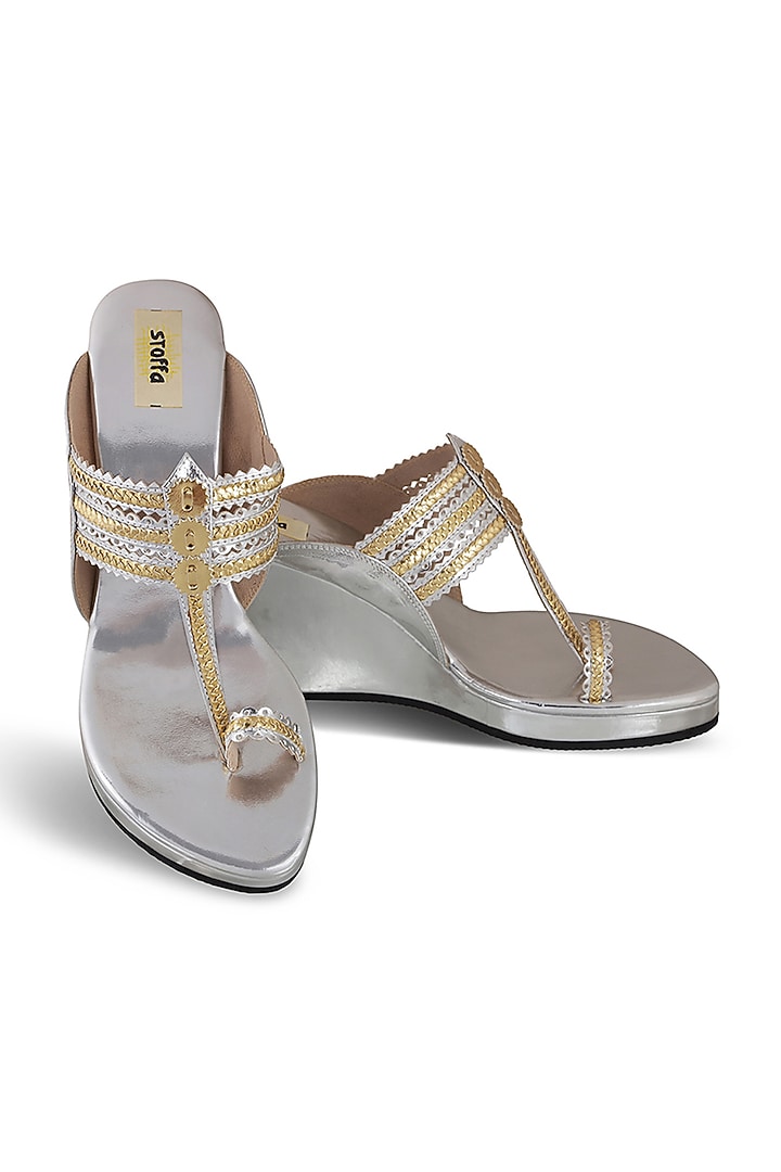 Silver Faux Leather Crystal Embroidered Wedges by Stoffa Bride at Pernia's Pop Up Shop