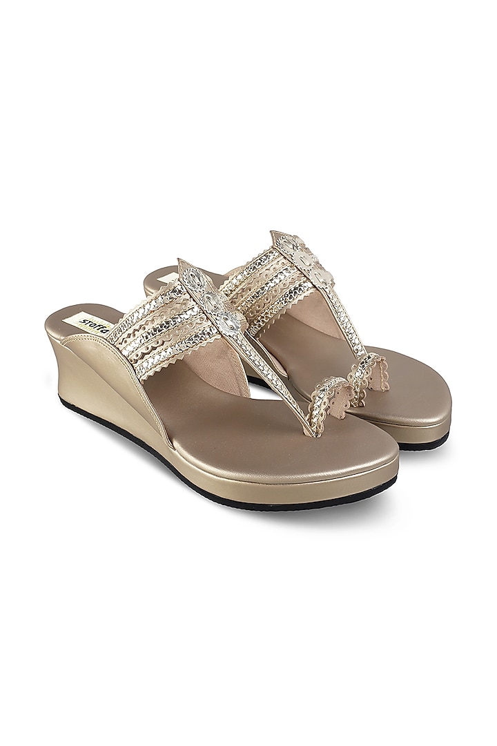 Champagne Faux Leather Crystal Embroidered Wedges by Stoffa Bride at Pernia's Pop Up Shop