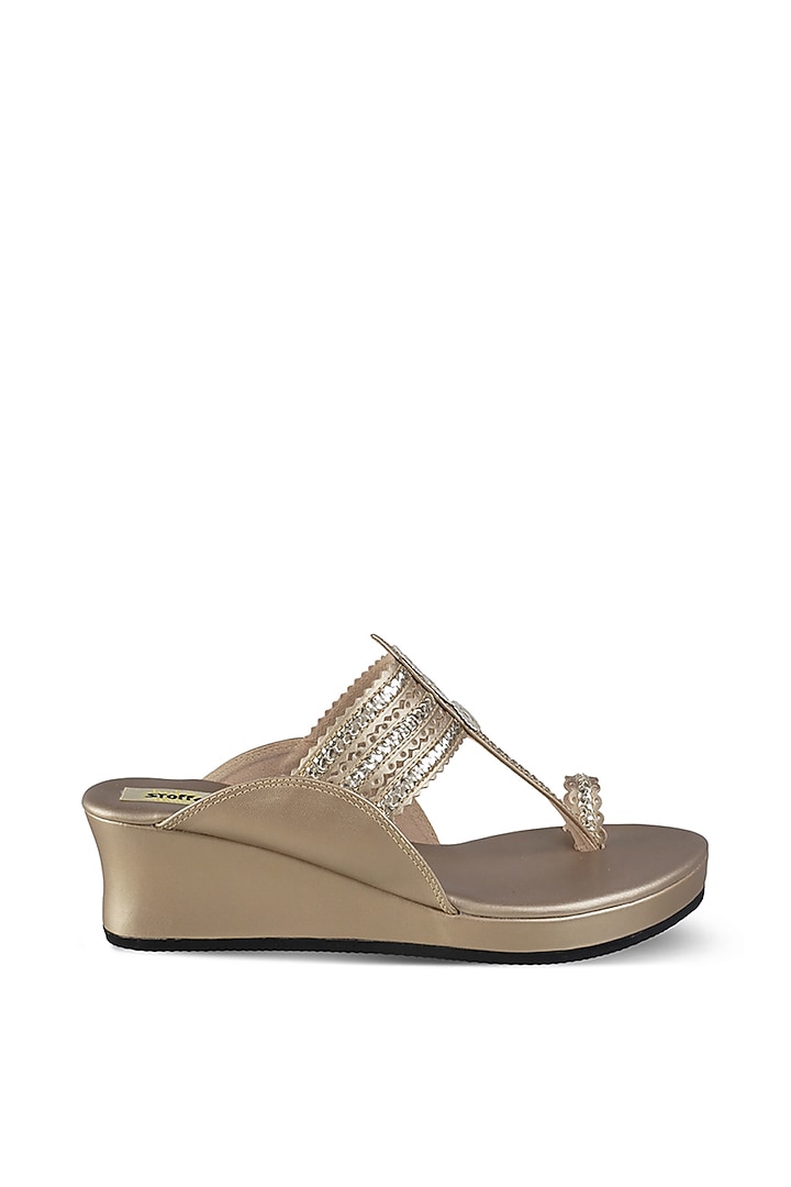 Champagne Faux Leather Crystal Embroidered Wedges by Stoffa Bride at Pernia's Pop Up Shop