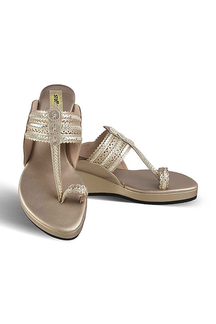 Champagne Faux Leather Crystal Embroidered Wedges by Stoffa Bride at Pernia's Pop Up Shop