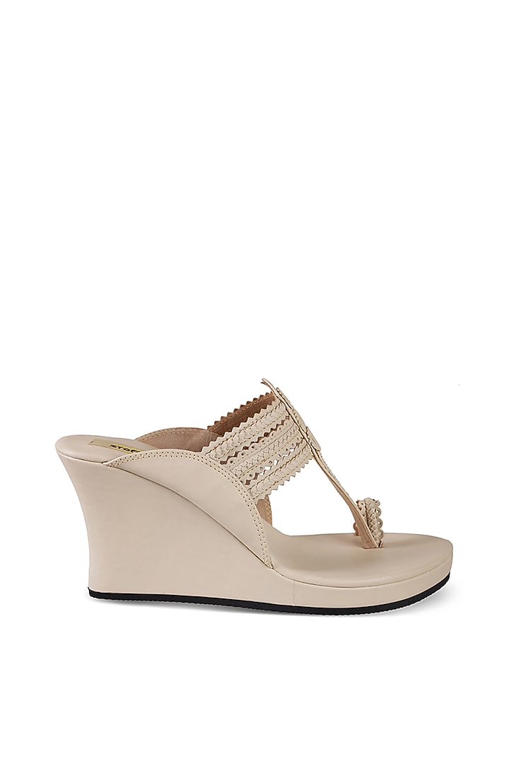 Taupe Faux Leather Crystal Embroidered Wedges by Stoffa Bride at Pernia's Pop Up Shop