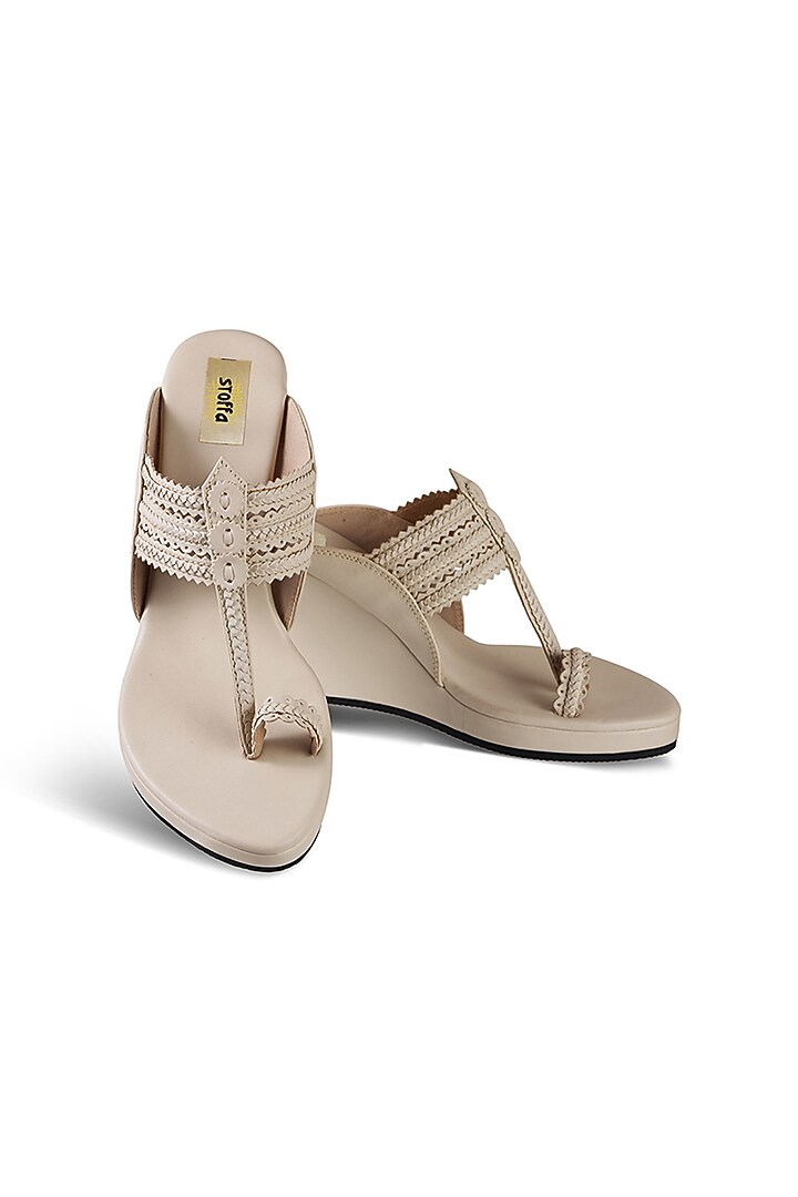 Taupe Faux Leather Crystal Embroidered Wedges by Stoffa Bride at Pernia's Pop Up Shop
