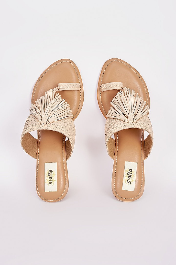 Beige Faux Leather Tasseled Wedges by Stoffa Bride