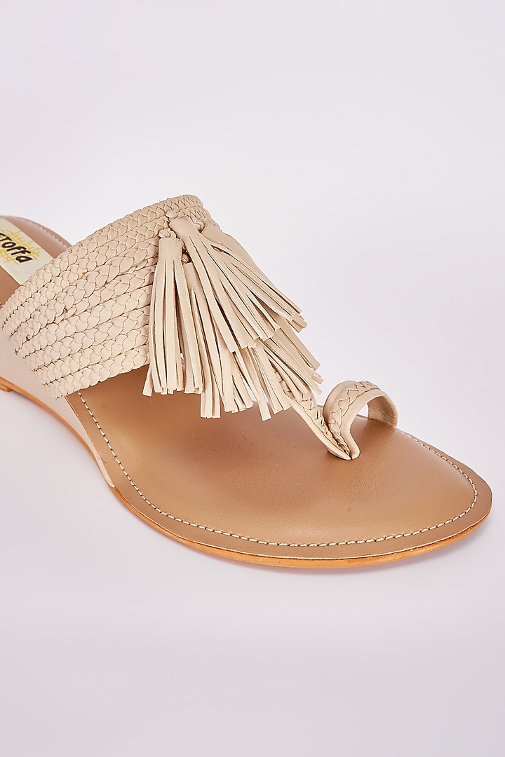 Beige Faux Leather Tasseled Wedges by Stoffa Bride at Pernia's Pop Up Shop