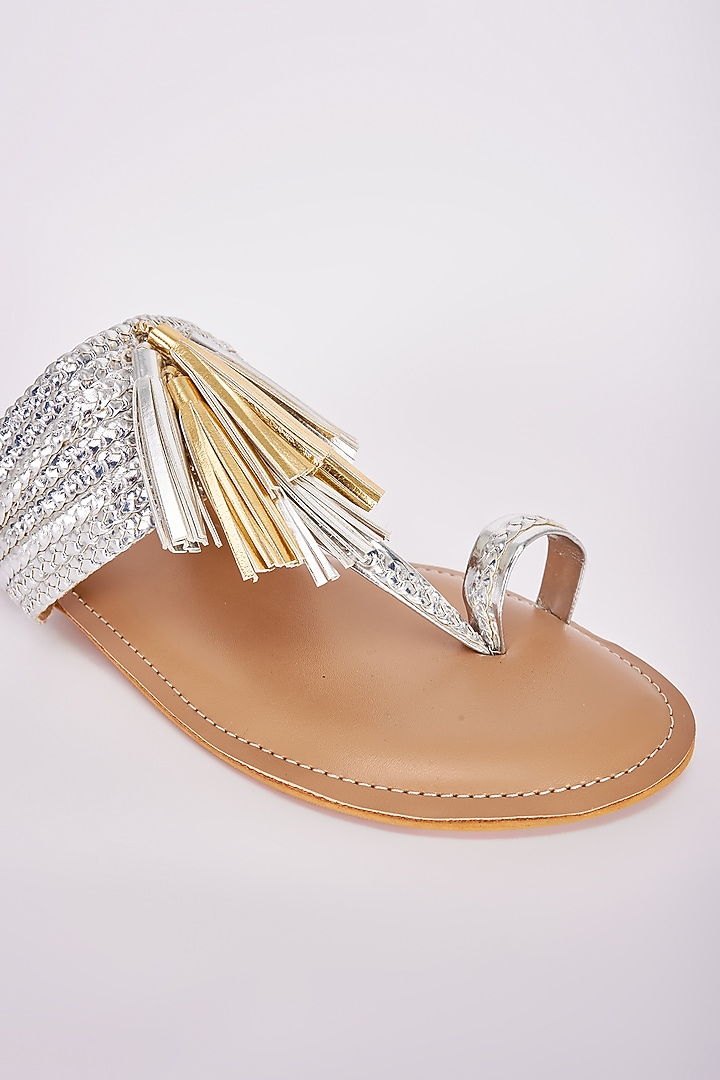 Silver Faux Leather Flats by Stoffa Bride at Pernia's Pop Up Shop