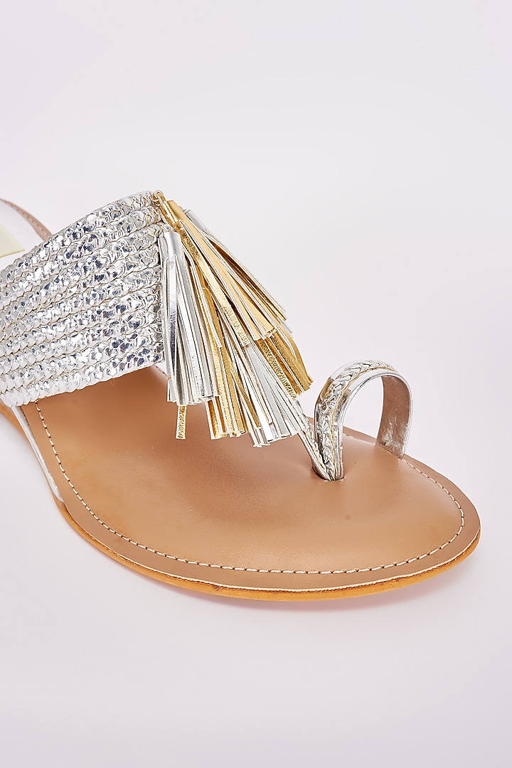 Silver Faux Leather Tasseled Wedges by Stoffa Bride at Pernia's Pop Up Shop