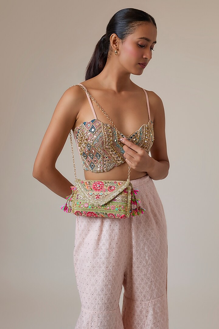Beige & Multi-Colored Raw Silk Clutch by stoffa bride at Pernia's Pop Up Shop