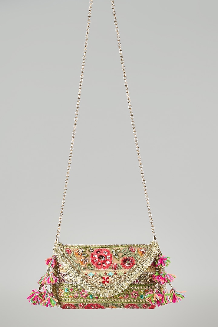 Beige & Multi-Colored Raw Silk Clutch by stoffa bride at Pernia's Pop Up Shop