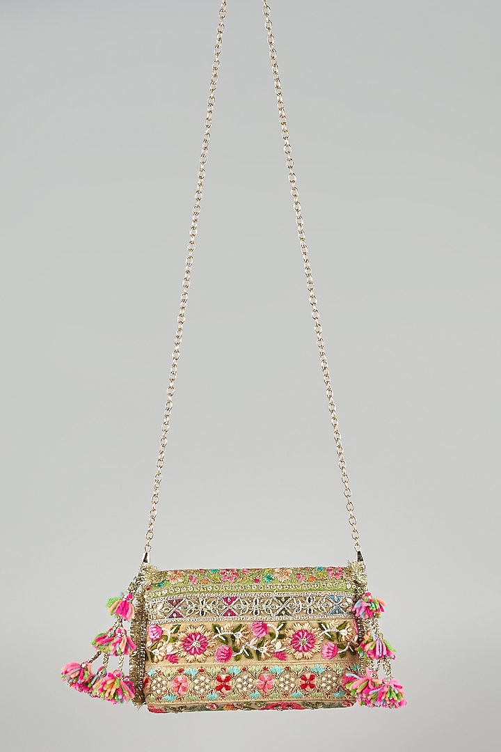 Beige & Multi-Colored Raw Silk Clutch by stoffa bride at Pernia's Pop Up Shop