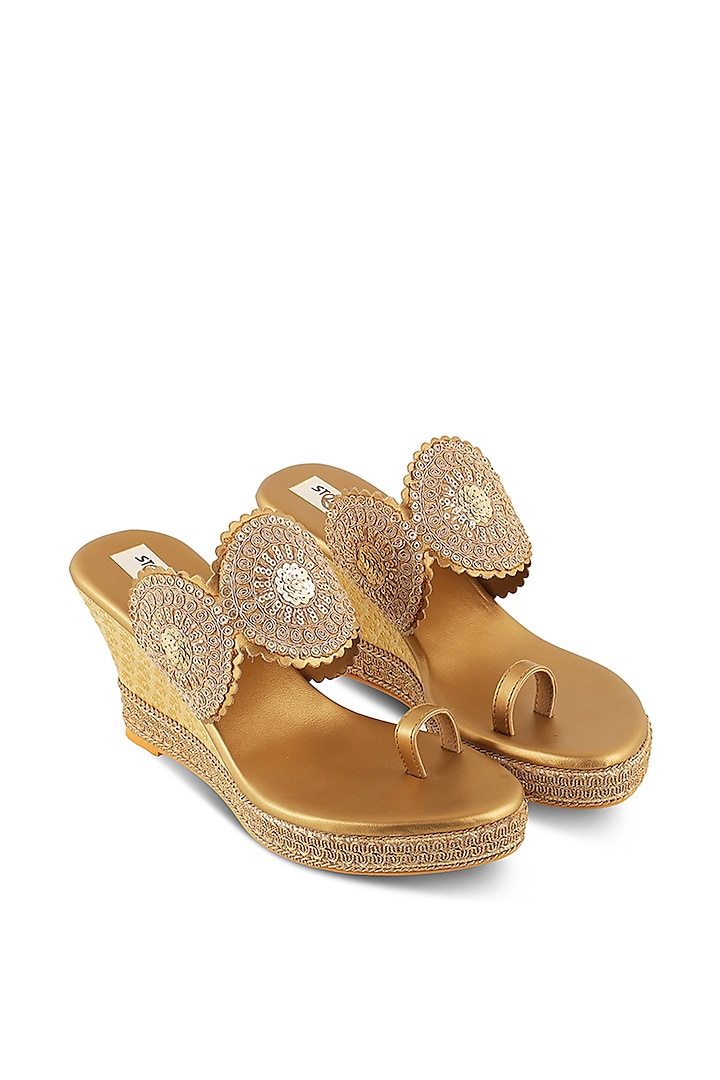 Antique Gold Faux Leather Embellished Wedges by Stoffa Bride