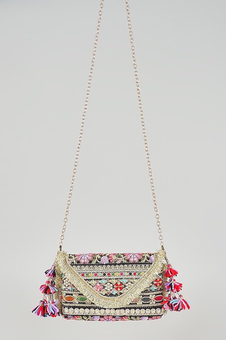 Black & Multi-Colored Raw Silk Sling Bag by stoffa bride at Pernia's Pop Up Shop