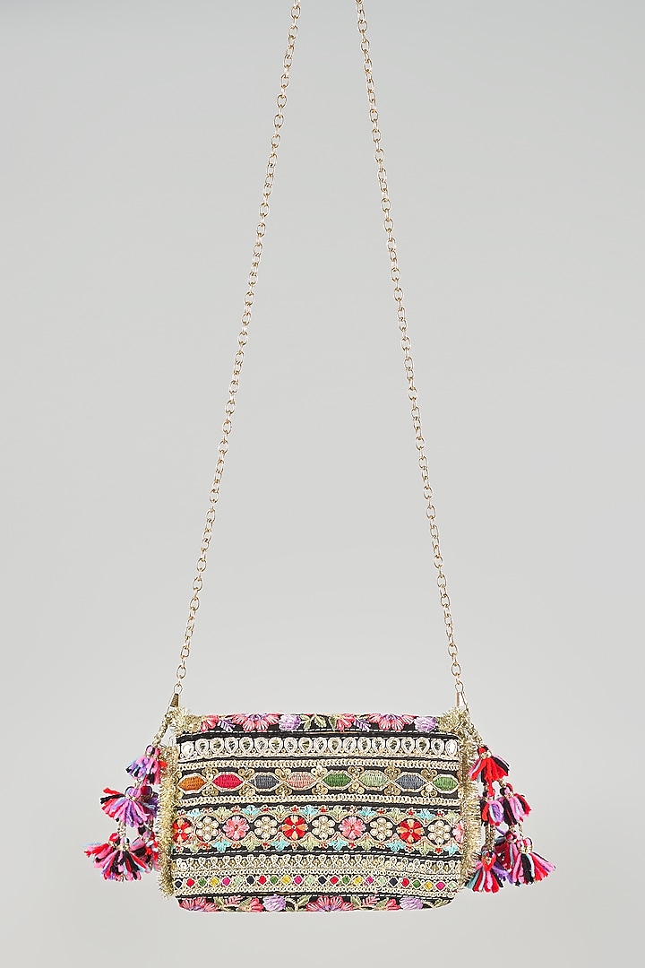 Black & Multi-Colored Raw Silk Sling Bag by stoffa bride at Pernia's Pop Up Shop