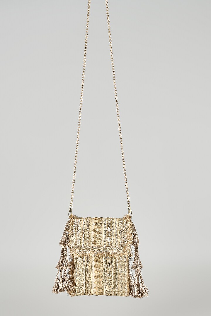 Gold Raw Silk Sling Bag by stoffa bride at Pernia's Pop Up Shop