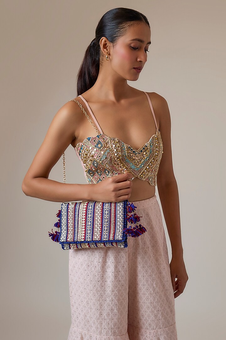 Blue & Maroon Raw Silk Sling Bag by stoffa bride at Pernia's Pop Up Shop