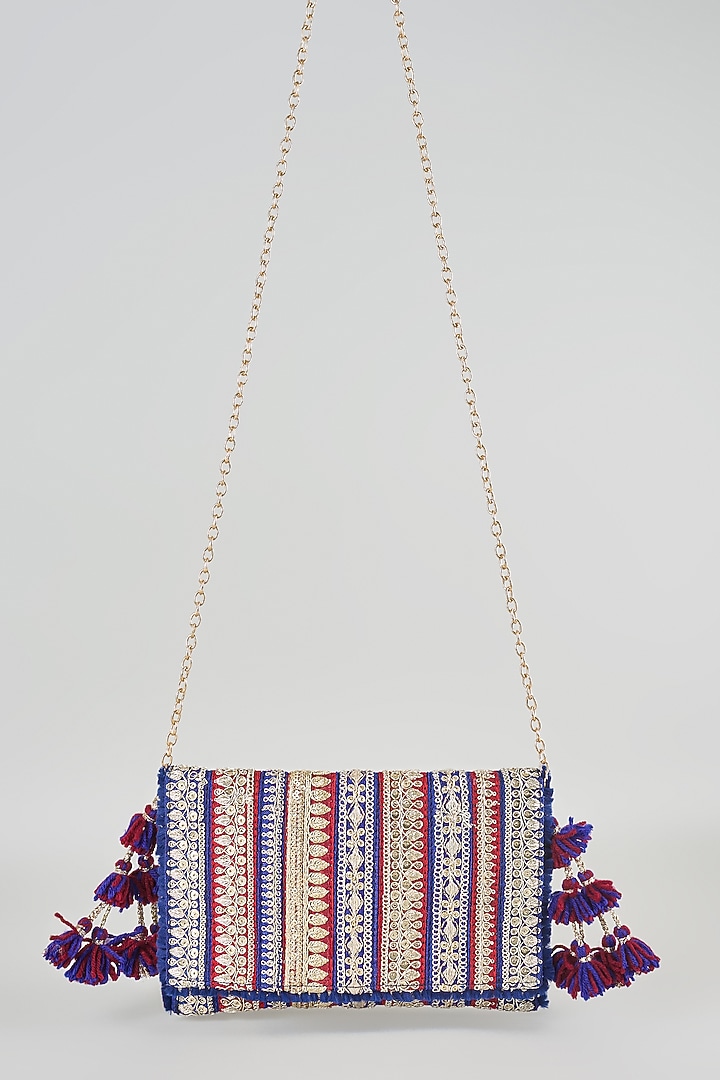 Blue & Maroon Raw Silk Sling Bag by stoffa bride at Pernia's Pop Up Shop