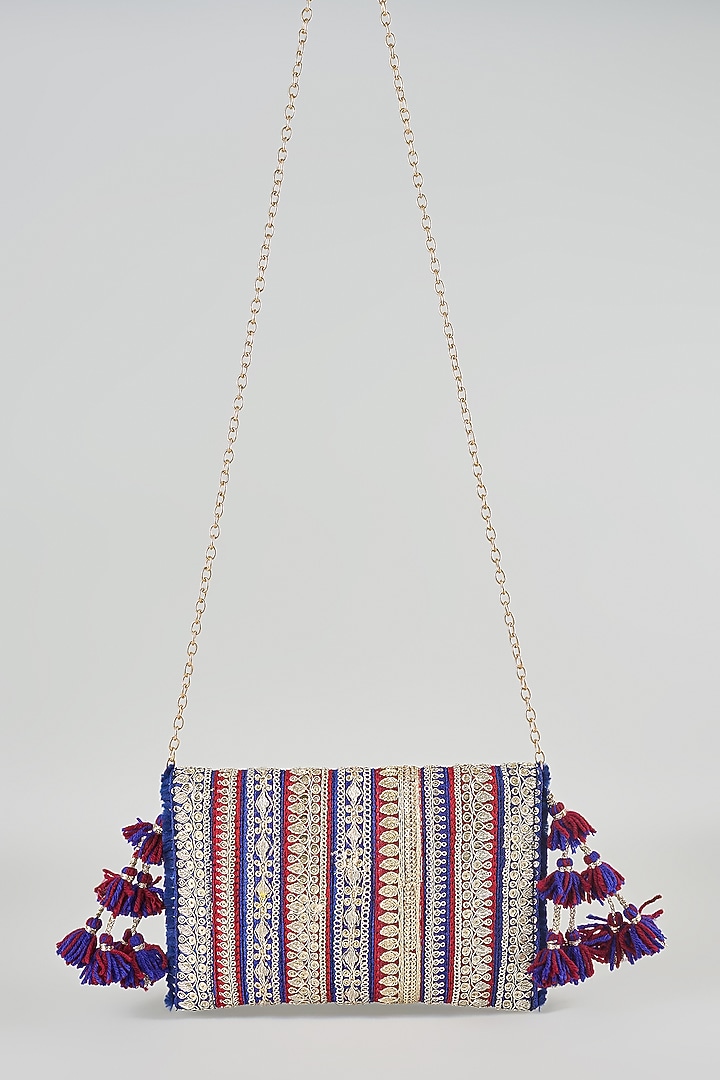 Blue & Maroon Raw Silk Sling Bag by stoffa bride at Pernia's Pop Up Shop