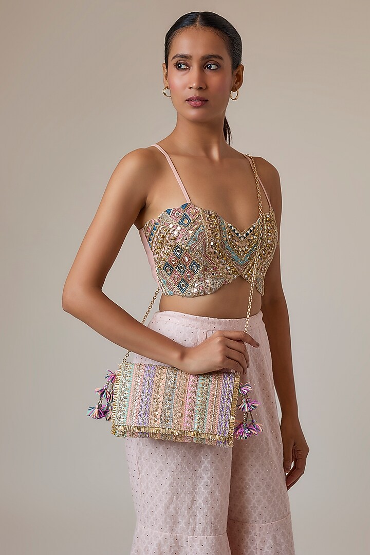 Pastel Multi-Colored Raw Silk Sling Bag by stoffa bride at Pernia's Pop Up Shop